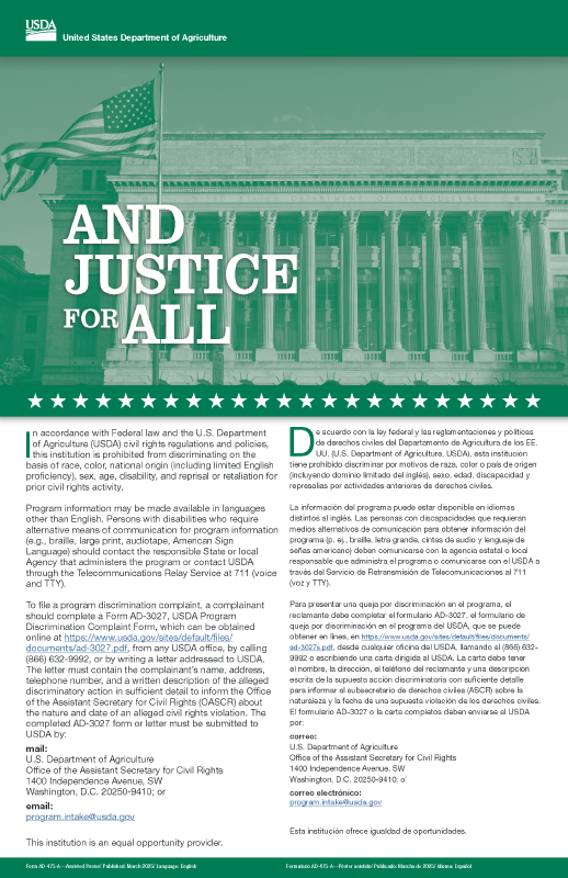 USDA And Justice for All civil rights notice in English and Spanish